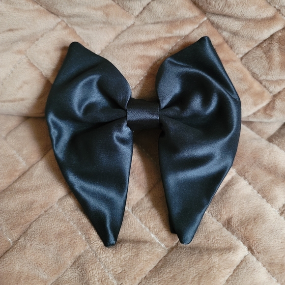 OVERSIZE Handmade Black Satin 100% Silk Big Double Bow Tie Tuxedoe Suit LUXURY - Picture 3 of 7